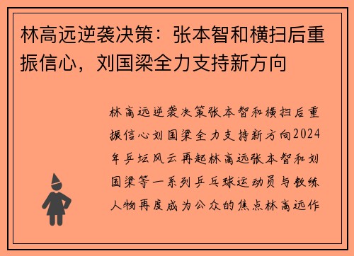 林高远逆袭决策:张本智和横扫后重振信心,刘国梁全力支持新方向
