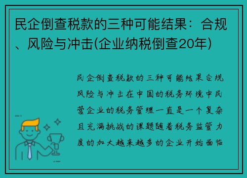 民企倒查税款的三种可能结果:合规、风险与冲击(企业纳税倒查20年)
