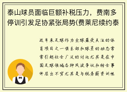 泰山球员面临巨额补税压力,费南多停训引发足协紧张局势(费莱尼续约泰山)