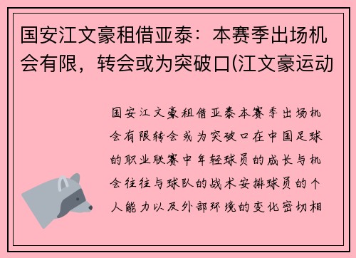 国安江文豪租借亚泰：本赛季出场机会有限，转会或为突破口(江文豪运动员)