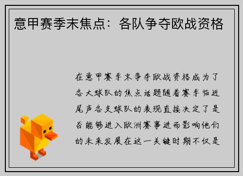 意甲赛季末焦点：各队争夺欧战资格