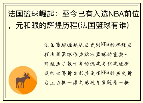 法国篮球崛起：至今已有入选NBA前位，元和眼的辉煌历程(法国篮球有谁)