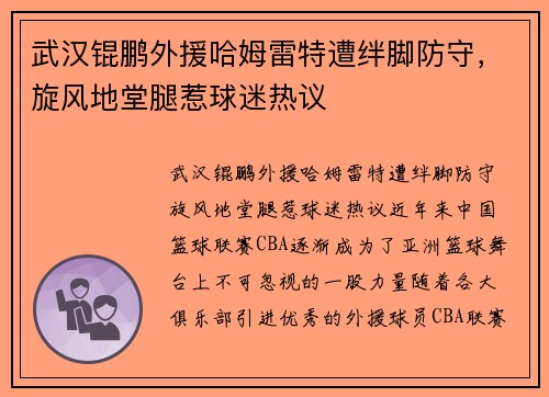 武汉锟鹏外援哈姆雷特遭绊脚防守，旋风地堂腿惹球迷热议